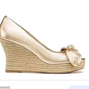 Tory Burch gold peep toe wedges